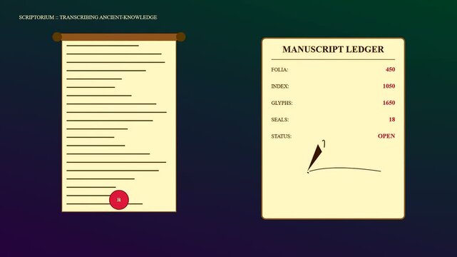 Knowledge retrieval process displayed through a sequence of rotating digital scrolls showing manuscript ledger data points with fluctuating metrics against a dark gradients background lighting style