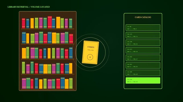 Knowledge retrieval process displayed on a digital interface showing animated bookshelves and catalog listings that update as the yellow book icon moves across the screen