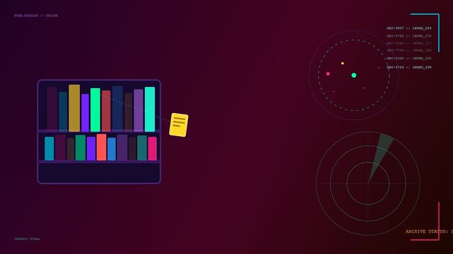 Knowledge retrieval processes are displayed through animated digital bookshelves with scanning radar interfaces shown in a sequence showing data library management system activity for users