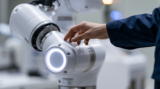 Close up of an engineer's hand interacting with a modern white collaborative robot arm in a smart factory setup.
