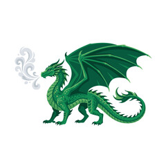 Obraz premium Green dragon illustration with wings spread, exhaling stylized smoke, flat design on white background
