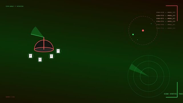 Knowledge retrieval animation shows spinning radar waves orbiting data document symbols within a dark digital interface displaying systematic patterns of information flow and virtual monitor metrics