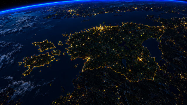 Estonia at Night from Space with Glowing City Lights and Baltic Coastline, ideal for geography, infrastructure, travel and European map projects.