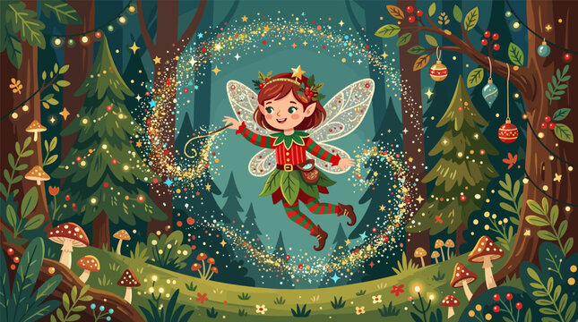 Whimsical flat design vector illustration of a smiling fairy with glittery wings in a magical forest with Christmas lights and mushrooms.