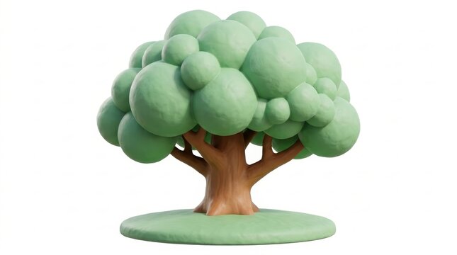 3D Illustration - 3D render of stylized claymation green tree with brown trunk isolated