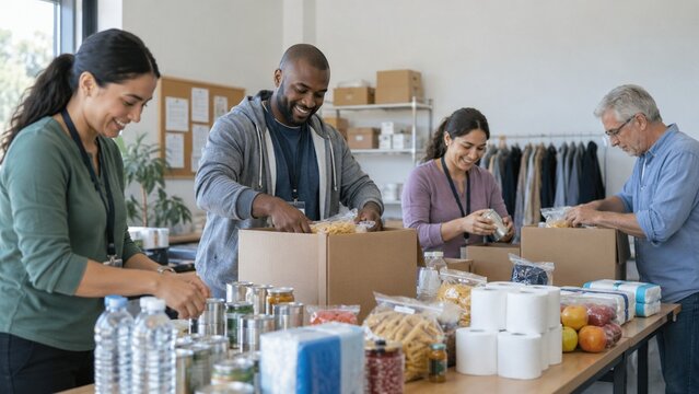 Authentic candid lifestyle photograph of a diverse group of volunteers happily packing donation boxes with food at a community food bank, showcasing local philanthropy and social responsibility.