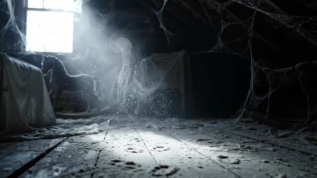 Sunlight streaming through a dusty window into a dark, cobweb-filled attic with old furniture and debris on the floor.