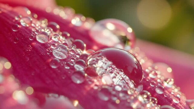 Close up macro view of sparkling crystal clear water droplets resting on a vibrant pink flower petal surface