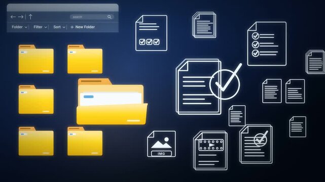 Document management animation with yellow folders opening and file icons floating outward