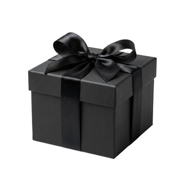 Elegant black gift box with satin ribbon bow isolated on transparent background