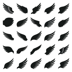 Fototapeta premium Vector Collection of Wing Silhouettes, Bird and Angel Wings Icons Set on White Background
