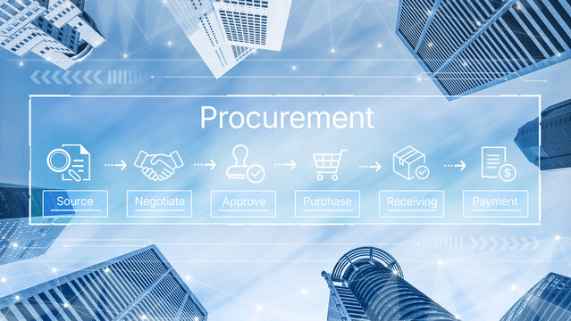 A modern depiction of the procurement process with urban skyscrapers under a blue sky. Illustrates sourcing, negotiation, approval, purchasing, and payment steps in business activities. Nascent