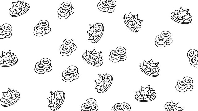 Seamless black and white fast food pattern with nachos and onion rings