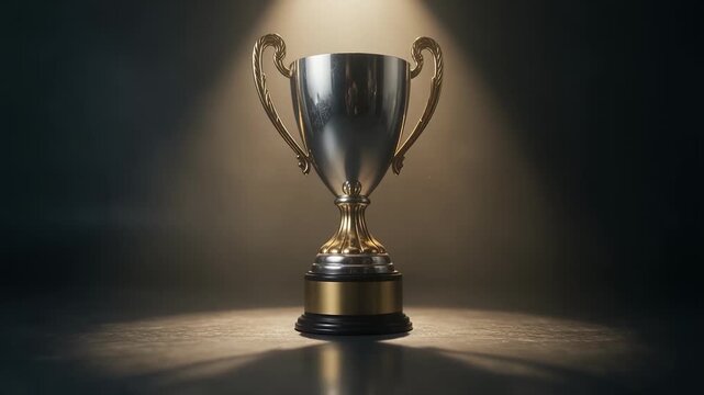 Awards - Cinematic silver and gold trophy cup standing on a dark surface under dramatic spotlight illumination with soft shadows