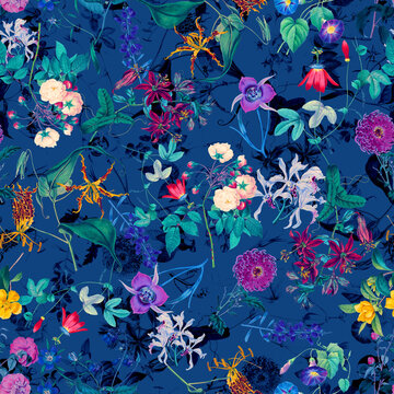 Vibrant royal blue botanical seamless pattern with colorful orchids flame lilies passion flowers and dahlia blossoms on navy background classical Dutch master floral artwork for luxury fashion wallpap