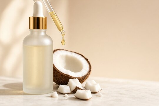Macro beauty photography of a golden coconut oil serum droplet falling from a glass pipette beside fresh coconut pieces, with soft warm light and creamy bokeh.