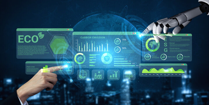 AI analyzing ESG and sustainability metrics for businesses, visualizing carbon reduction goals and environmental performance indicators Parse