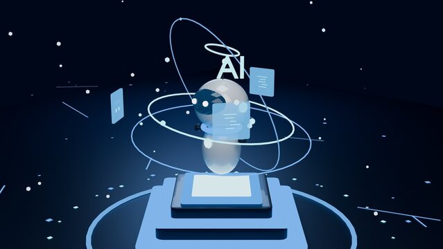 3D rendering of cute AI robot assistant floating on futuristic podium with holographic digital interface and neon glowing elements.
