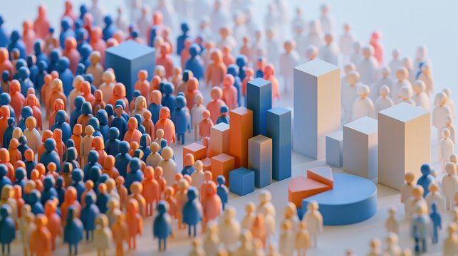 Crowd of miniature figures surrounding business charts and graphs data visualization