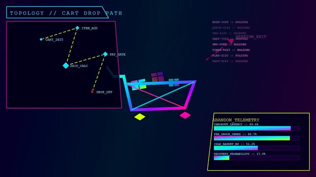 Digital basket abandonment metrics display dynamic shopping cart path monitoring with glowing neon lines and data bar charts illustrating real time session failure in virtual space