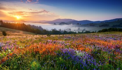 Obraz premium Vibrant Wildflower Meadow At Sunrise With Misty Hills