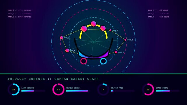Digital analytics displays showing basket abandonment metrics with glowing neon nodes and circular progress bars on a dark interface for monitoring real time consumer website traffic