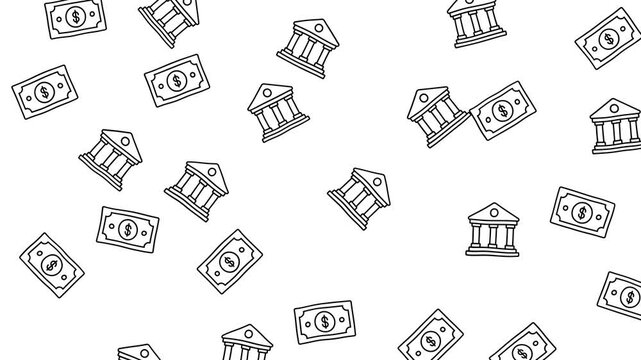Minimalist finance pattern with bank buildings and dollar banknotes line art