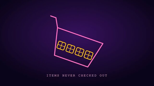 Basket abandonment occurs as animated neon shopping icons fill up then slowly tilt and slide away within this simple digital graphic presentation for retail analysis