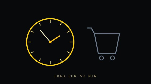 Basket abandonment shown through animated circular clock dials and outlined shopping cart silhouettes that track digital consumer wait times across three distinct temporal monitoring phases