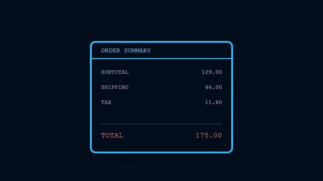 A sequence showing basket abandonment evolving as the final total price increases significantly while displaying text on a dark screen within a digital user interface