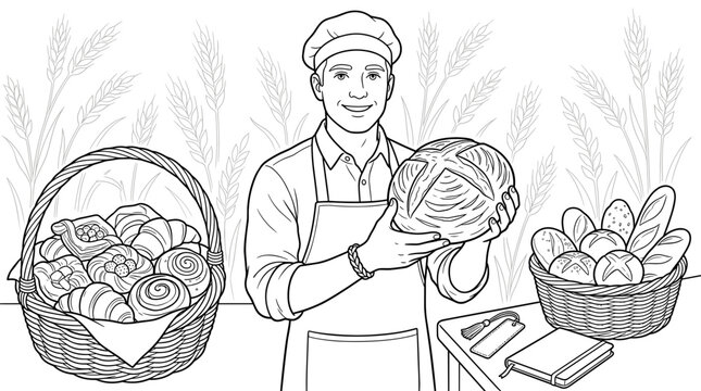Baker holding a round loaf of bread with baskets of pastries and bread, line art illustration