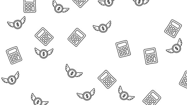 Seamless finance pattern featuring line art calculators and flying dollar coins