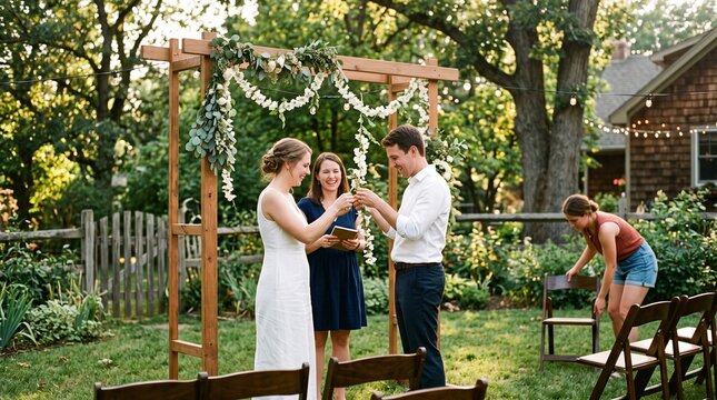 Couple exchanging rings during outdoor wedding ceremony officiated by celebrant