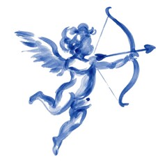 Fototapeta premium Blue watercolor cupid with bow and arrow in hand-painted style