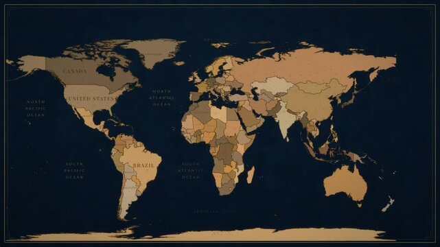 Vintage gold world map on navy blue with country borders, oceans and a compass rose