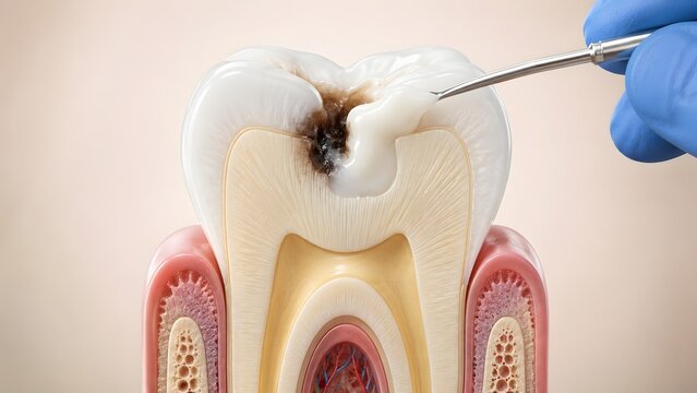 Dentist hand applying white composite resin filling to a deep cavity in a 3D anatomical human tooth cross section model