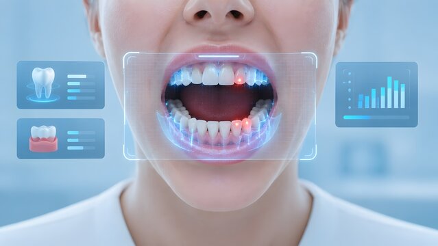 Futuristic digital dental scan of a woman open mouth with glowing augmented reality HUD interface highlighting painful teeth with red hotspots