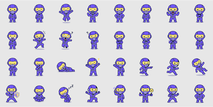 Professional vector set of cute purple ninja mascot characters featuring various expressive poses for game design.