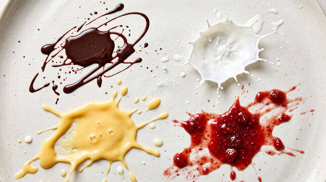 White plate showcasing four distinct food stains from chocolate, cream, mustard, and red sauce in culinary presentation