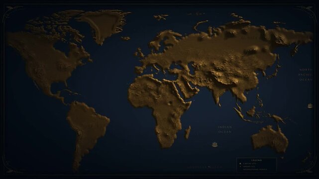 Golden relief world map with raised mountain terrain and a compass rose on dark navy