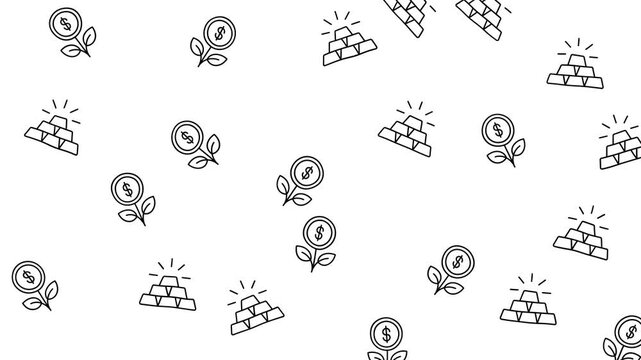 Seamless finance pattern with gold bars and growing money plants on white