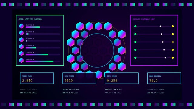 Three screens displaying recovery analytics in a glowing digital sequence showing changing biological data sets with colorful hexagons and numerical progression on a dark interface panel