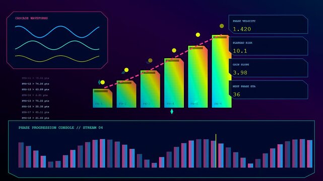 Digital displays showing recovery analytics in a triple screen grid layout featuring colorful bar charts and wave forms glowing against a dark blue gradient backdrop