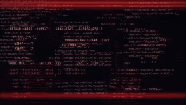 Red programming code scrolling on a black screen with glitch streaks and data readouts