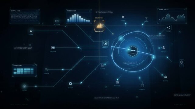 Analytics panel with a rising index, bar chart and live metrics inside a futuristic data hub
