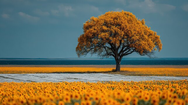 A solitary tree in autumn colors stands in a vibrant field of sunflowers, under a stormy sky