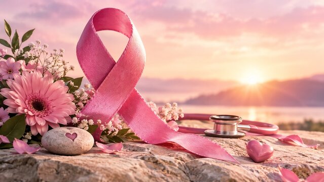 Breast Cancer Awareness Month Pink Ribbon with Flowers and Cancer Cells, Medical Oncology Concept