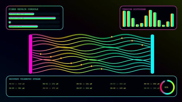 Digital recovery analytics interface showing wave patterns changing color states on a black screen display that evolves through a process of continuous data stream monitoring