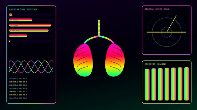 Medical recovery analytics shown on digital interface with glowing lungs animated graphs and waveform charts displayed in three separate frames during a clinical health analysis