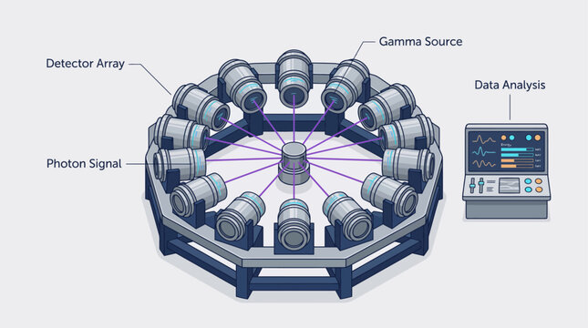 Diagram of a gamma radiation detector array system with data analysis equipment for industrial inspection with diagram illustrates circular transmitting photon signals analysis computer terminal